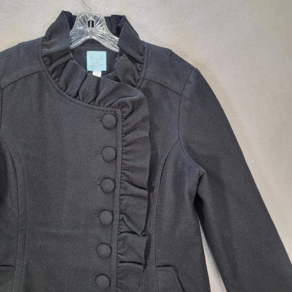 Kimchi Blue Black Wool Ruffled Button High Neck Classic Warm Pea Coat Jacket - Picture 3 of 15
